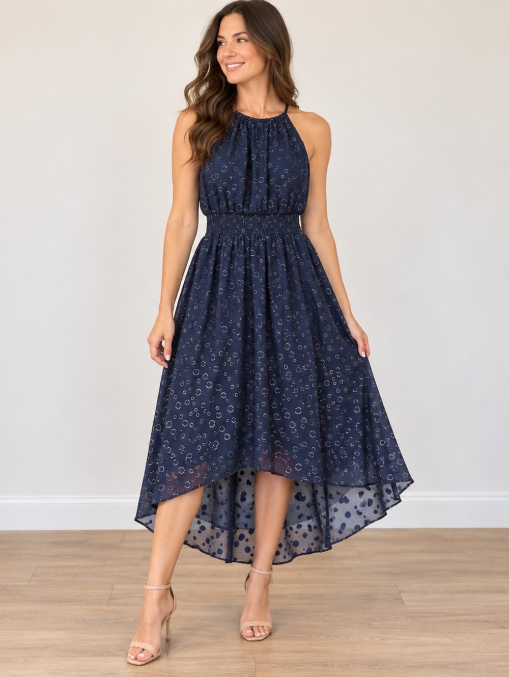 DKNY Navy Metallic Circle Halter High Low Dress Size 8